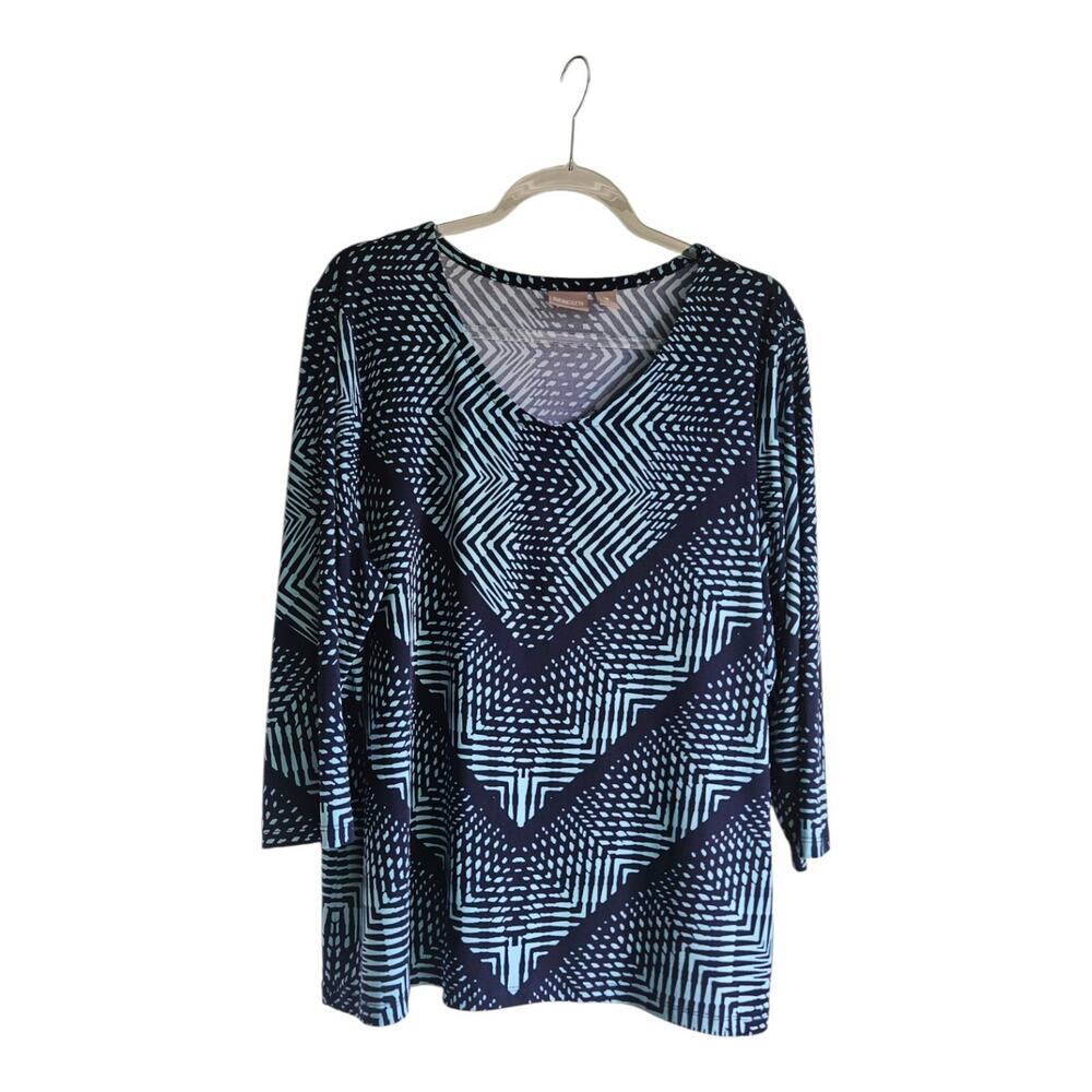 Chico's Womens Size 3/XL Blouse V-Neck Stretch 3/4 Sleeves Geometric Blue